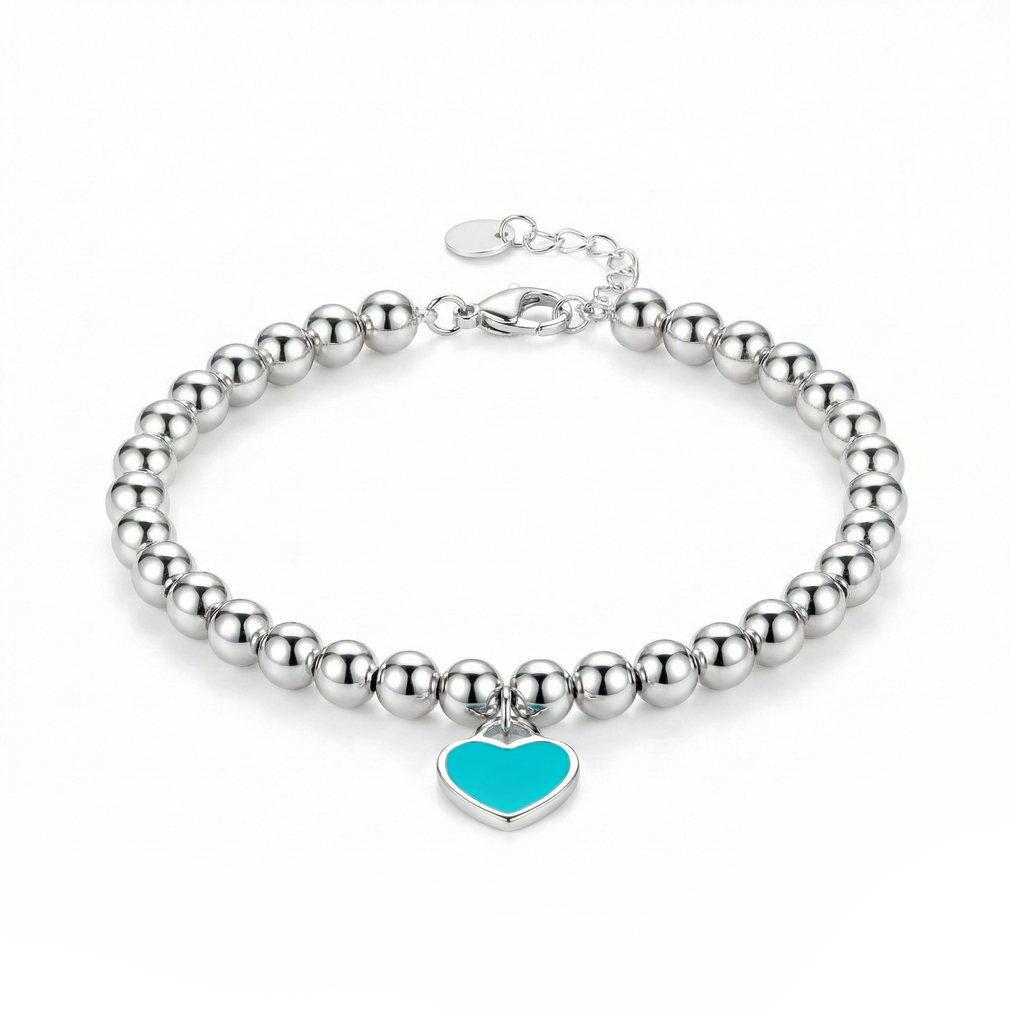 Silver Beaded Bracelet Turquoise Heart Charm