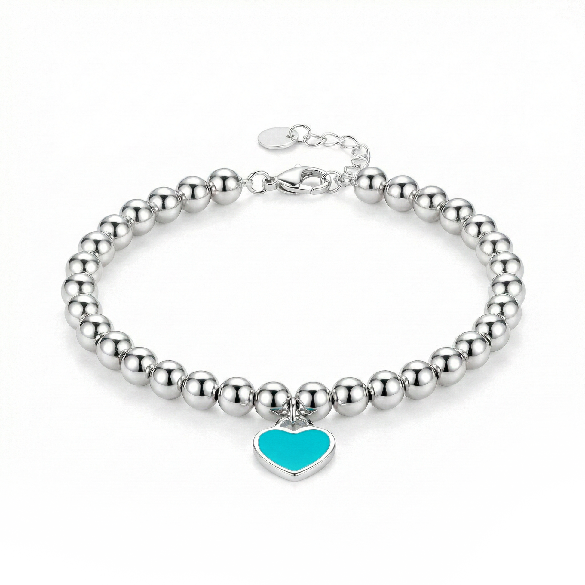 Silver Beaded Bracelet Turquoise Heart Charm