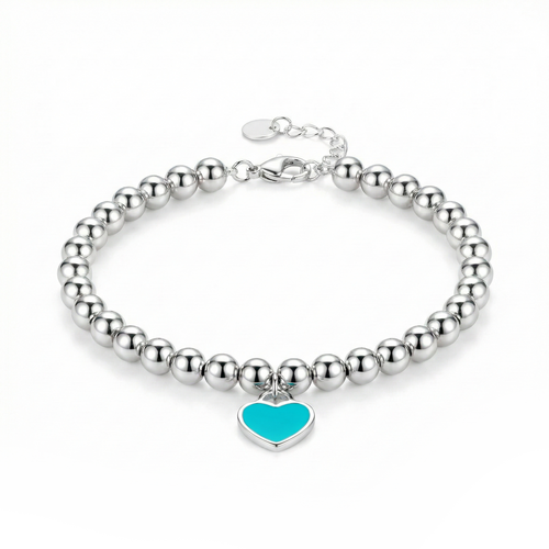 Silver Beaded Bracelet Turquoise Heart Charm