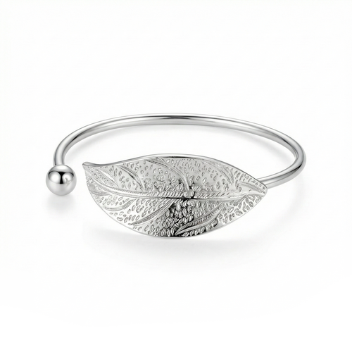 Silver Leaf Bangle Bracelet Engraved
