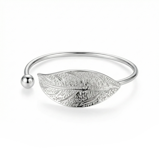 Silver Leaf Bangle Bracelet Engraved