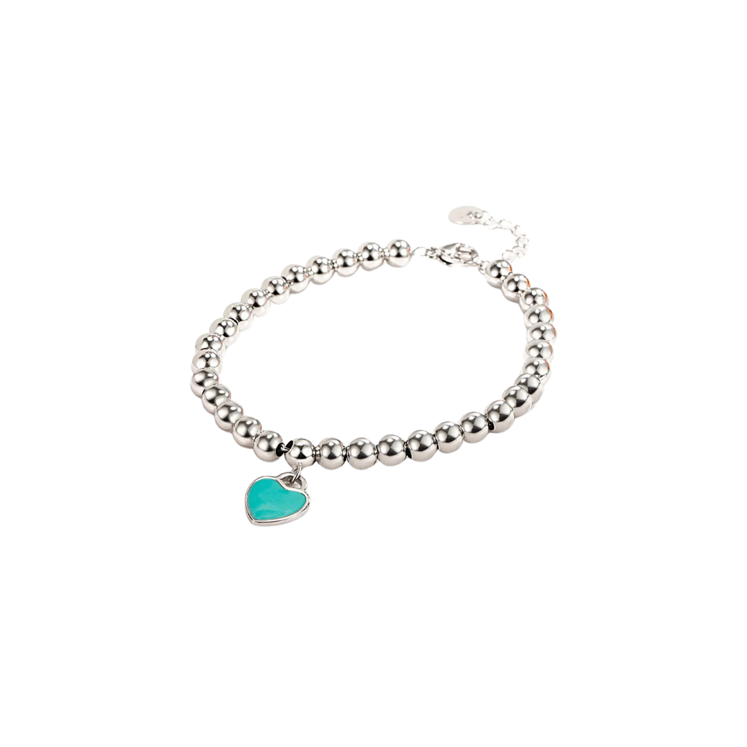 beaded charm bracelet - heart beaded bracelet - beaded heart bracelet - beaded bracelet with heart charm - heart charm bracelet - silver beaded bracelet - ball bead bracelet - turquoise heart bracelet - charm bracelet silver - dainty beaded bracelet