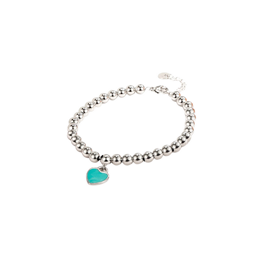 beaded charm bracelet - heart beaded bracelet - beaded heart bracelet - beaded bracelet with heart charm - heart charm bracelet - silver beaded bracelet - ball bead bracelet - turquoise heart bracelet - charm bracelet silver - dainty beaded bracelet