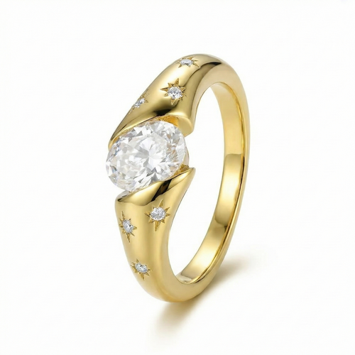 oval bezel ring - bezel set oval ring - star set ring - star set cz ring - oval stone ring gold - gold tone oval ring - oval solitaire ring - vintage oval ring - celestial ring gold - star set gold ring