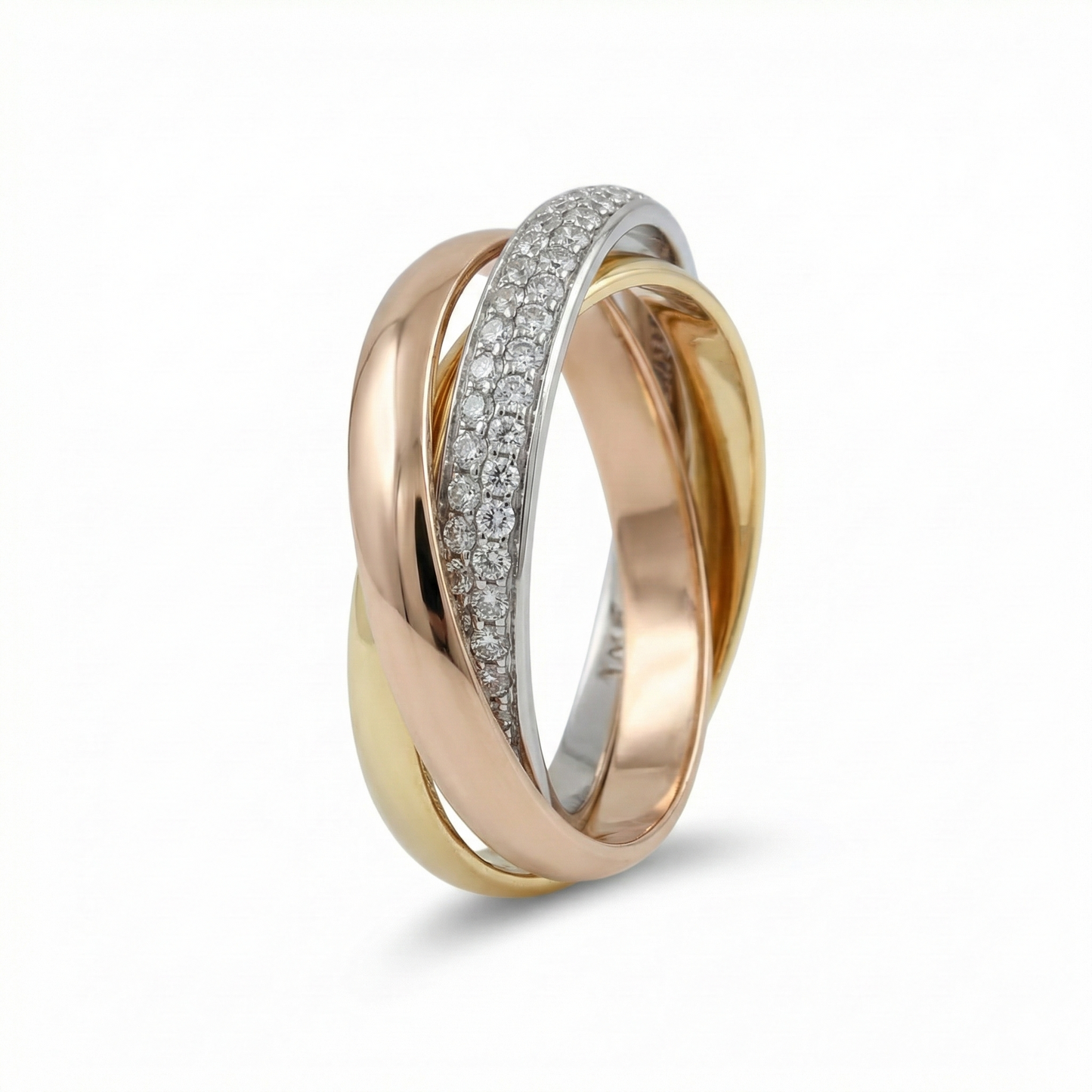 trinity ring - rolling ring - russian ring - tricolour rolling ring - pave trinity ring - three band ring - interlocking ring - mixed metal ring - trinity band ring - pave rolling ring