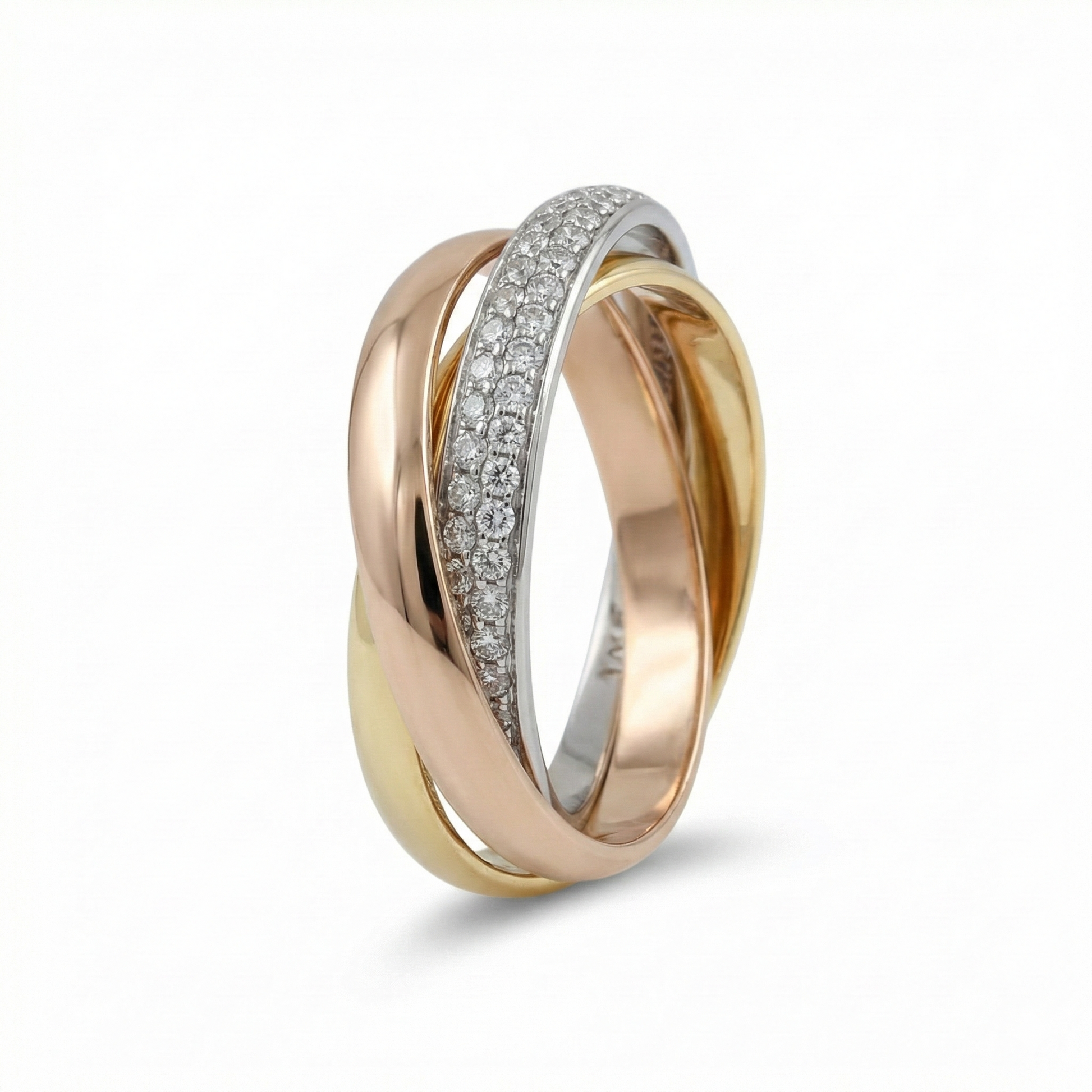 trinity ring - rolling ring - russian ring - tricolour rolling ring - pave trinity ring - three band ring - interlocking ring - mixed metal ring - trinity band ring - pave rolling ring